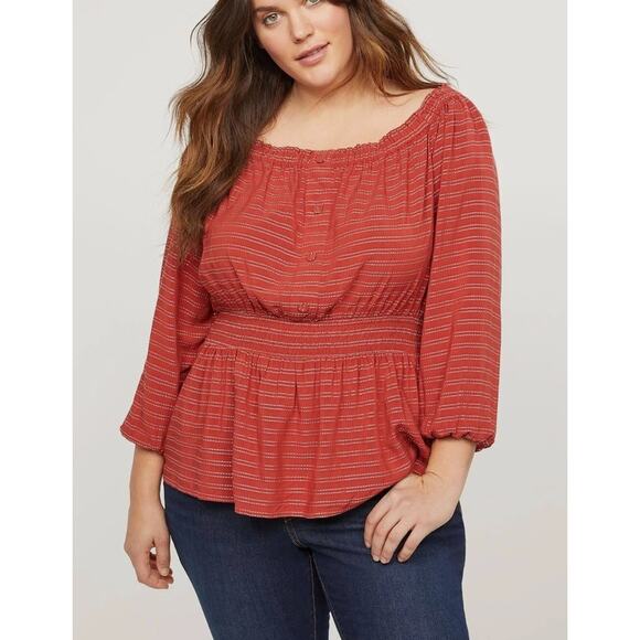 Lane Bryant Stripes Flutter-Sleeve Off-The-Shoulder Subtle Swing Top 22 / 24 Red - Picture 1 of 9